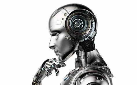 Metallic humanoid robot contemplating ideas.