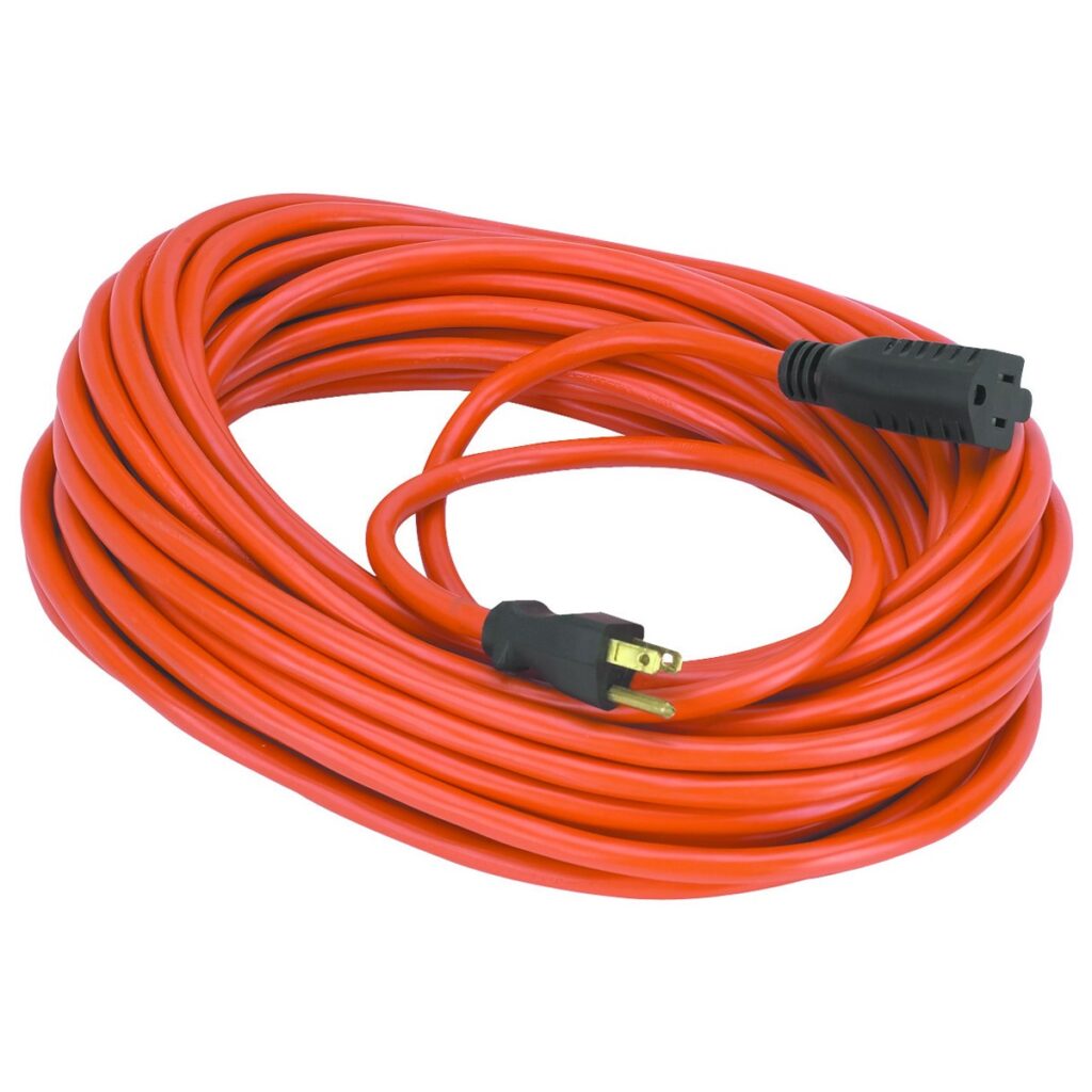 Red outdoor extension cord coiled neatly.